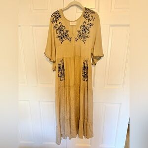 Miss June Paris Boho Maxi‎ Dress Tan Black Floral Embroidery Large